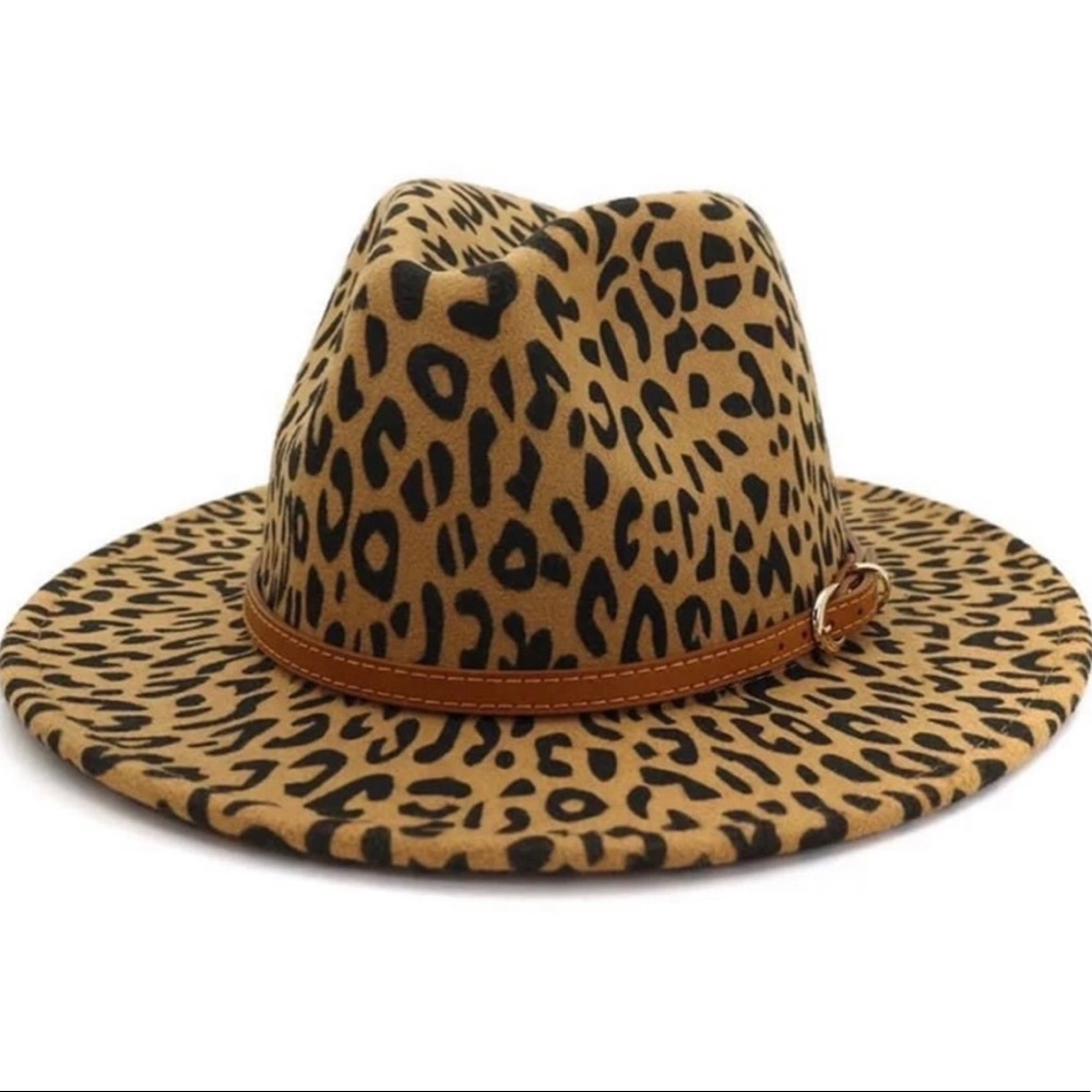 Camel Leopard Belt Accent Wide Brim Fedora